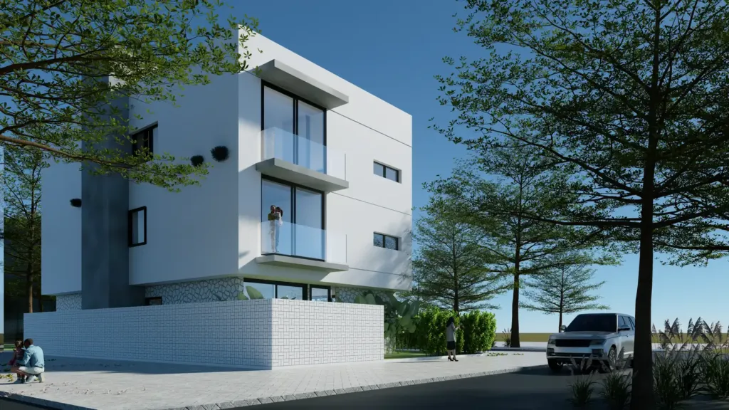 Góc nhà Thường House: khối trắng đặc, tầng trệt kính, tường rào trắng, phương án chọn 2025, Archiindex