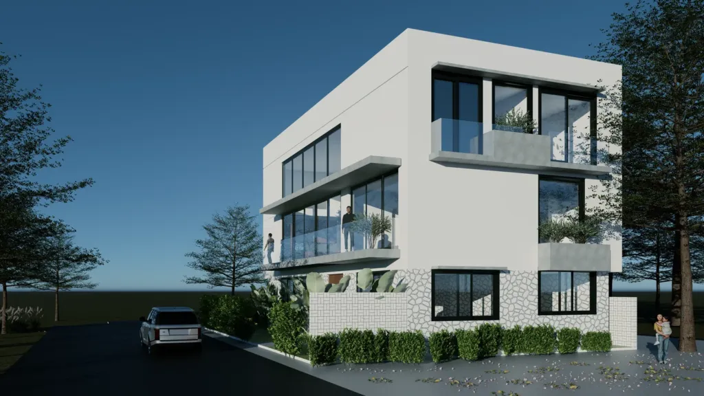 Mặt bên Thường House nhìn từ lối xe, ban công kính và cửa sổ khung đen, thiết kế kiến trúc Archiindex