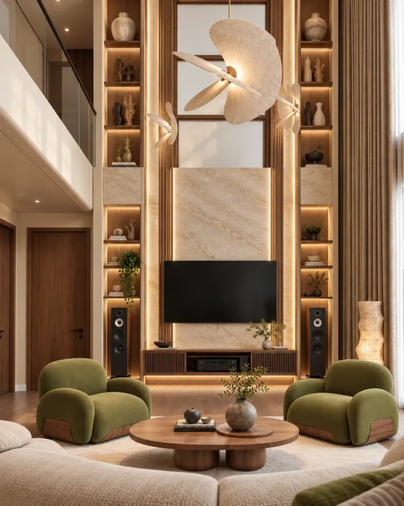 Phòng khách thông tầng với kệ tivi ốp đá, sofa xanh rêu, Thường House Hải Dương, nội thất Archiindex