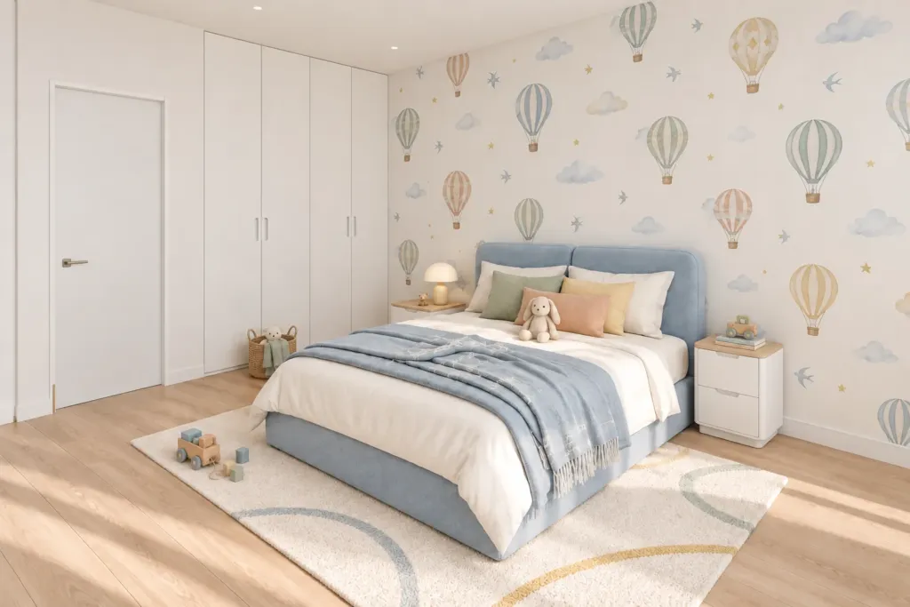 Phòng ngủ trẻ em tường giấy khinh khí cầu, giường xanh nhạt, Thường House, thiết kế nội thất Archiindex