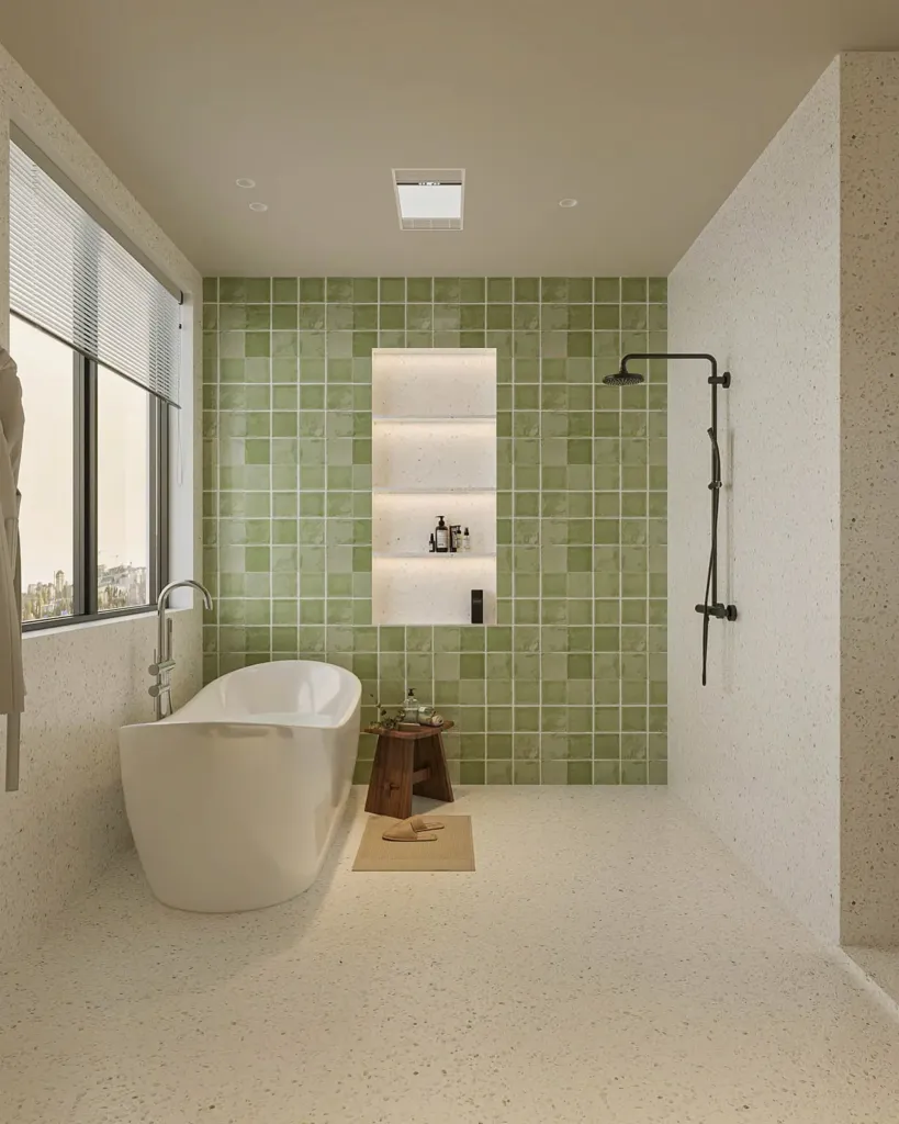 Phòng tắm có bồn tắm và vách gạch xanh, cửa sổ lớn, Thường House Hải Dương, thiết kế nội thất Archiindex