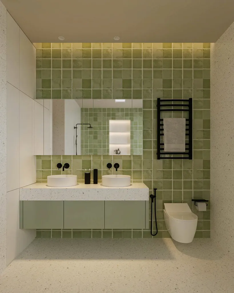 Phòng tắm gạch thẻ xanh rêu, tủ lavabo đôi và gương đèn, Thường House, thiết kế nội thất Archiindex