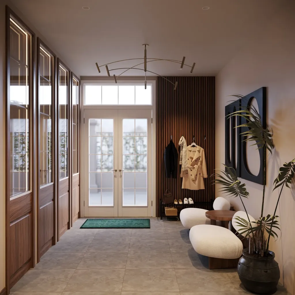 Sảnh vào hiện đại với cửa kính khung gỗ, ghế tròn trắng, cầu thang, Thường House, nội thất Archiindex